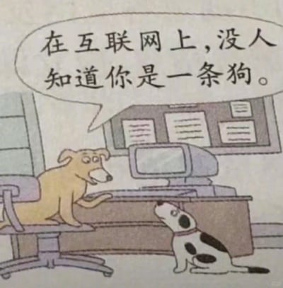 这是一幅经过汉化改编的经典卡通漫画，画面构建了一个职场办公场景：一只浅棕色的狗狗坐在办公椅上，前爪搭在办公桌边缘，正对着桌上的老式电脑，另一只白黑斑纹的小狗坐在地面，抬头好奇地望着它。浅棕狗的对白气泡中写着“在互联网上，没人知道你是一条狗。”，漫画以拟人化的幽默方式，精准地诠释了互联网的核心特性之一——匿名性：在网络空间的交流互动里，参与者的真实身份完全被隐藏，即便对方是动物，也不会被其他网友察觉。