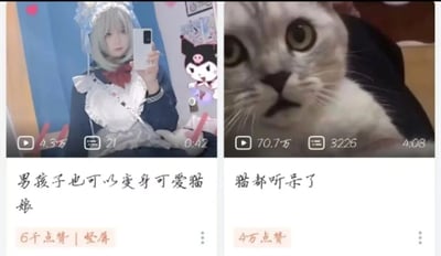 这是一张短视频平台的推荐界面截图，展示了两条趣味短视频：左侧视频缩略图是一位身着猫娘服饰的男生手持手机自拍，背景有库洛米装饰，视频标题为“男孩子也可以变身可爱猫娘”，播放量4.3万，评论21条，时长0:42，获6千点赞；右侧视频缩略图是一只双眼瞪大、表情震惊呆滞的猫咪，视频标题为“猫都听呆了”，播放量70.7万，评论3226条，时长4:08，获4万点赞。两条视频形成趣味关联，左侧是男装大佬的cosplay内容，右侧是宠物趣味内容，都是平台热门的休闲娱乐类短视频。