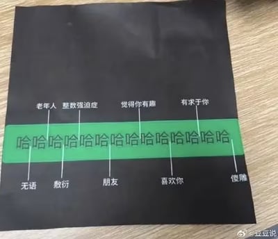 一张黑色背景的图文混排图片，中间有一条绿色横条，上面重复排列着‘哈哈哈哈哈哈哈哈哈哈哈哈哈哈’。绿色横条的上下方分布着白色文字标签，通过线条指向‘哈哈’文本，幽默标注了不同场景下发‘哈哈’的潜在含义：上方标签为‘老年人’‘整数强迫症’‘觉得你有趣’‘有求于你’，下方标签为‘无语’‘敷衍’‘朋友’‘喜欢你’‘慢雕’。图片以夸张对比的方式调侃了网络聊天中‘哈哈’的多重社交含义。