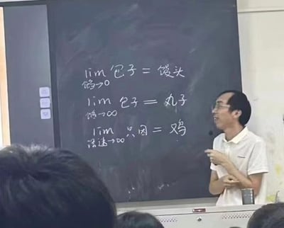 这是一张在教室里拍摄的照片，画面中一位老师站在黑板旁，黑板上写着伪数学的极限公式：
- lim包子=馒头（馒头和包子的谐音、形态双关）
- lim包子=丸子（也是对包子的演变幽默理解）
- lim母鸡=鸡蛋（指极限情况下鸡生蛋）
这种公式都是把数学极限符号和生活中的食物结合，用幽默方式解释极限的概念，属于课堂幽默和网络冷笑话。整体风格轻松搞笑，适合理工类学生圈流传。

图中的数学表达式使用了日常食物进行谐音与概念类比，有一定双关与冷梗成分。