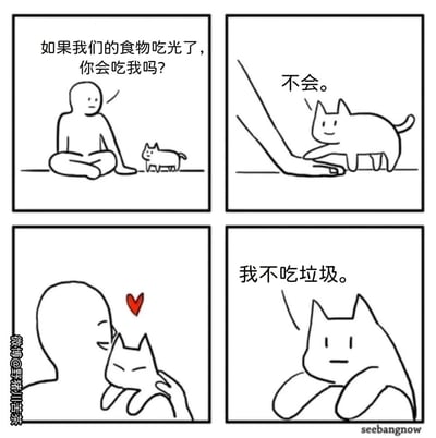 这是一组四格连环卡通漫画，以黑白线稿呈现。第一格中，无面人类角色盘腿坐着，向面前的猫咪提问：“如果我们的食物吃光了，你会吃我吗？”；第二格中，猫咪踩在人类的手上，淡定回答“不会。”；第三格中，人类暖心地抚摸猫咪，二者之间出现红心，氛围温馨治愈；第四格中，猫咪突然画风一转，冷漠地说出“我不吃垃圾。”，用毒舌的回答打破了之前的温馨氛围，形成强烈的反转，制造出搞笑扎心的效果。