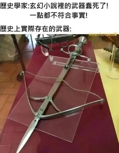 这是一张上下对比的文字加注图，上方文字为“历史学家:玄幻小说裡的武器蠢死了!一點都不符合事實!”，表达了历史学家对玄幻小说中怪异、脱离现实的武器的批判态度；下方文字标注“歷史上實際存在的武器:”，并展示了一件真实的历史冷兵器照片，该武器将剑的剑身与类似弩的发射结构结合在一起，造型怪异，完全打破了大众对传统冷兵器的认知。图中通过这种强烈的内容反差，制造出讽刺的幽默效果，原本被认为脱离现实的玄幻武器，反而不如真实存在的历史武器奇特，形成了对历史学家观点的反向调侃。