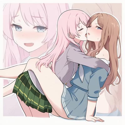 这是一张AI生成的二次元百合向插画，画面核心是两位身着校园制服的少女：粉色长发少女环抱住棕色长发少女，正低头亲吻对方，姿态投入陶醉；棕发少女身体微微后仰，一手撑地支撑身体，面露羞涩，额头和脸颊挂着汗珠，显得窘迫又动情。画面背景还叠加了粉发少女的放大表情图，她眉眼弯弯，带着笑意，进一步烘托出暧昧的氛围。整体画风柔和清新，聚焦于少女间的亲密暧昧互动，没有双关、谐音梗或暗示性的额外内容。