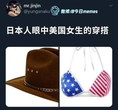 这是一张用于调侃刻板印象的网络梗图，采用左右双图拼接的形式呈现。左侧是一顶带有装饰绳的棕色西部牛仔帽，右侧是一件印有美国国旗图案的比基尼上装，图上方配有文字“日本人眼中美国女生的穿搭”，通过将美国文化符号里的西部牛仔元素与国旗元素结合，夸张地呈现出部分日本人对美国女生穿搭的固化认知，以此制造搞笑戏谑的效果，图中没有双关、谐音梗或暗示内容。