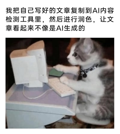 这是一张图文混排的搞笑梗图，上方配有吐槽文字：“我把自己写好的文章复制到AI内容检测工具里，然后进行润色，让文章看起来不像是AI生成的”，下方是一张真实的宠物照片：一只灰白相间的猫咪坐在迷你电脑桌前，前爪分别放在键盘和鼠标垫区域，眼神专注地看向电脑屏幕，模仿人类操作电脑的姿态。整幅图通过这种搭配，讽刺了当下AI时代的创作困境——原创作者为了避免自己的文章被AI检测工具误判为AI生成内容，反而需要借助AI工具来反向润色调整，形成了极具反差感的搞笑效果，精准戳中了人们在与AI工具共处时的趣味应对场景。
