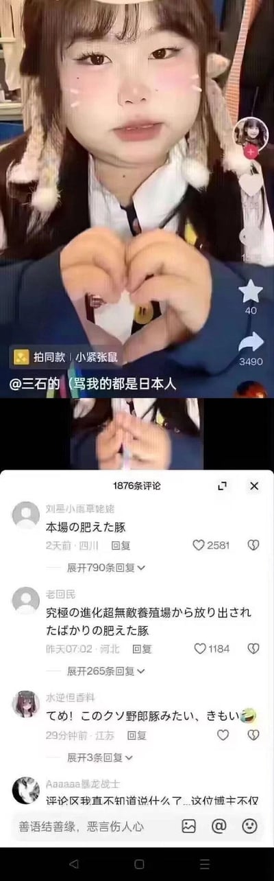 社交媒体截图中，一名女性做出心形手势，上方显示用户名@三石的及文字“骂我的都是日本人”。下方评论区有中日文评论互动，部分评论带有攻击性语言，如“本場の肥えた豚”（日语：本地的肥猪）等。