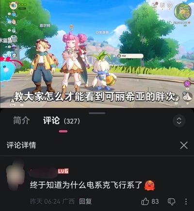 整张图为上下拼接的内容，上半部分是《洛克王国：世界》（洛克王国手游）的游戏实机截图，画面中呈现了游戏中的经典角色菲尔特、可丽希亚以及同行的宠物、其他角色站在野外露天场景中，图上叠加配文“教大家怎么才能看到可丽希亚的胖次”；下半部分是该条游戏相关内容的评论区截图，一条高赞评论写着“终于知道为什么电系克飞行系了”并搭配搞怪红脸表情，玩了谐音梗：“飞行系”与“菲尔特”发音相近，暗示菲尔特如果试图偷看可丽希亚的胖次会被电，对应“电系克飞行（菲尔）系（特）”的梗点。