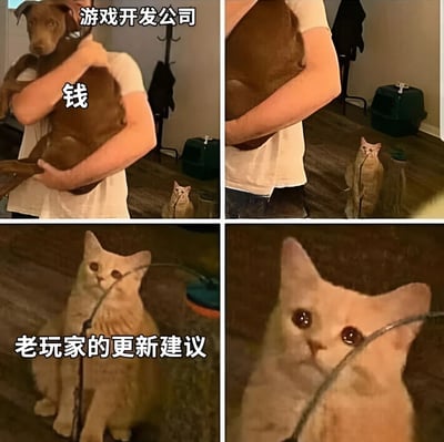 四格拼接的静态图文混排梗图，通过宠物互动场景讽刺游戏行业现象。左上：人抱着棕色狗，上方文字“游戏开发公司”，狗身上标“钱”；右上：同一人继续抱狗，背景中橘猫抬头注视；左下：橘猫特写，文字“老玩家的更新建议”；右下：橘猫近景，眼神充满期待。通过狗（代表金钱）被重视、猫（代表玩家建议）被忽视的对比，幽默展现游戏公司重利益轻玩家反馈的现状。