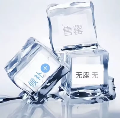 三块透明冰砖堆叠在一起，每块冰砖上都有不同的文字。最上方冰砖写着「售罄」，右侧冰砖写着「无座 无」，左侧冰砖写着「候补」并配有蓝色加号图标。整体画面以白色为背景，冰砖的透明质感突出，文字采用灰色调，形成鲜明对比。

图片通过冰砖的冰冷质感与「售罄」「无座」等文字结合，巧妙暗示了票务紧张、一票难求的无奈处境，「候补」字样则像是寒冷中的一丝希望。