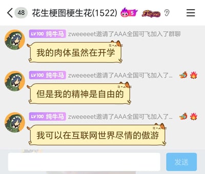 这是一张QQ群“花生梗图梗生花”的聊天记录截图，群成员“纯牛马”（LV100）在三次发送重复的“邀请AAA全国可飞加入群聊”的系统提示（后两次附带龙形和火焰表情）后，使用带有猫耳边框的对话框分三句表达了自己开学时的状态：肉体被迫处于开学的场景中，但精神依然保持自由，能够在互联网世界里尽情遨游，精准地抒发了众多学生在开学时身不由己、渴望精神自由的普遍心情。