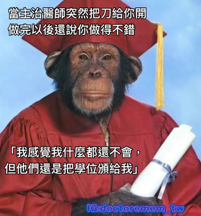 圖中是一隻戴著紅色畢業帽、穿著紅色畢業服的黑猩猩，雙手抱著一卷白色畢業證書，背景為藍色。圖片上方有文字：「當主治醫師突然把刀給你開做完以後還說你做得不錯」，下方有黑猩猩的內心獨白：「我感覺我什麼都還不會，但他們還是把學位頒給我」。這張梗圖通過擬人化的黑猩猩畢業生形象，幽默地表達了新手面對突如其來的重任時，雖然覺得自己能力不足卻意外通過考核的無奈與搞笑情境，常被用來調侃學習或工作中「學歷與實力不符」的現象。
