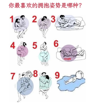 这是一张展示9种不同拥抱姿势的九宫格图片，每种姿势都用简单的线稿风格绘制。图片顶部有红色文字"你最喜欢的拥抱姿势是哪种?"引导互动。前8种展示了不同情侣的亲密拥抱姿态，而第9种则是一个人独自躺在蓝色液体中的幽默"单身狗"姿势，形成有趣对比。