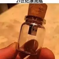这张图展示了一个创意改造的「21世纪漂流瓶」——将U盘嵌入传统漂流瓶的软木塞中，放置在玻璃漂流瓶内，用现代的数据存储设备替代了传统漂流瓶里的信纸，把「传递信息」的漂流瓶概念和U盘的存储功能结合，制造出有趣的反差感。
这个创意玩了概念上的替换，将传统漂流瓶的信息承载方式现代化，用U盘这种可以存储大量数据的设备，重新诠释了漂流瓶的意义，带来新奇的趣味体验。