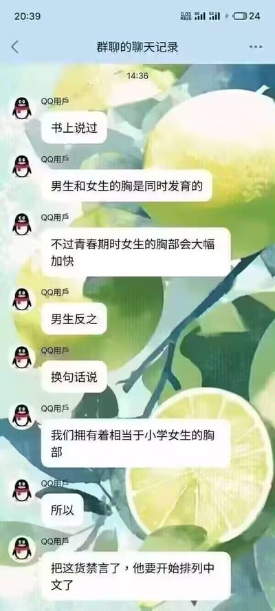 这是一段QQ群聊的截图，一位QQ用户先一本正经地科普男女生胸部发育的知识：男生和女生胸部同时开始发育，青春期女生胸部会大幅发育，男生则相反，得出男生胸部相当于小学女生的结论，随后突然转折，说要把自己禁言，理由是“他要开始排列中文了”（暗指自己要开始玩无厘头的文字梗、说骚话）。前面严肃的科普和最后的急转形成强烈反差，制造出无厘头的搞笑效果。