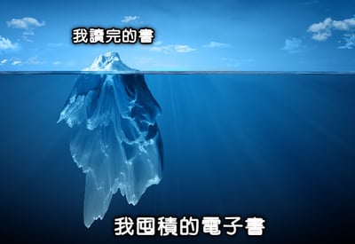 图片展示了一座冰山，水面上的小部分冰山顶部配有文字“我读完的书”，而水面下巨大的冰山主体则标注“我囤积的电子书”。通过冰山隐喻幽默地表现出人们实际读完的书籍数量远少于所囤积的电子书数量这一常见现象。