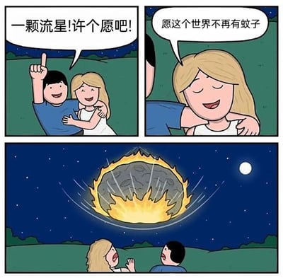 这是一个三格漫画梗图。第一格中，一个穿蓝色衣服的男生指着天空中的流星，兴奋地对身边的金发女生说："一颗流星!许个愿吧!"。第二格特写女生闭眼许愿的表情，她说："愿这个世界不再有蚊子"。第三格画面突变，一颗巨大的陨石带着火焰尾迹冲向地球，两人惊恐地抬头看着这一幕。

图片通过夸张的对比制造幽默效果：看似简单的灭蚊愿望，却可能引来毁灭世界的后果，暗示了"小心许愿"的主题。