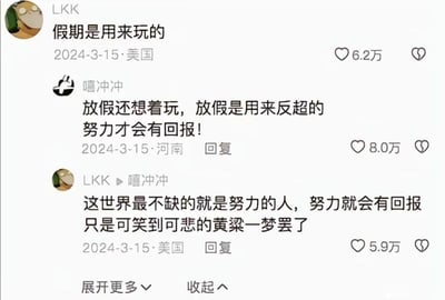 这是一段社交媒体评论区的互动对话，用户LKK（定位美国）提出「假期是用来玩的」观点，用户嘻冲冲（定位河南）反驳称「放假是用来反超的，努力才会有回报」，随后LKK回复表示「这世界最不缺的就是努力的人，努力就会有回报只是可笑到可悲的黄粱一梦罢了」。三段对话分别获得6.2万、8.0万、5.9万点赞，展现了两种截然不同的人生态度，一种是信奉努力逆袭的内卷思维，一种是对努力回报论的现实质疑，戳中了当代人在努力与回报之间的迷茫与无奈。