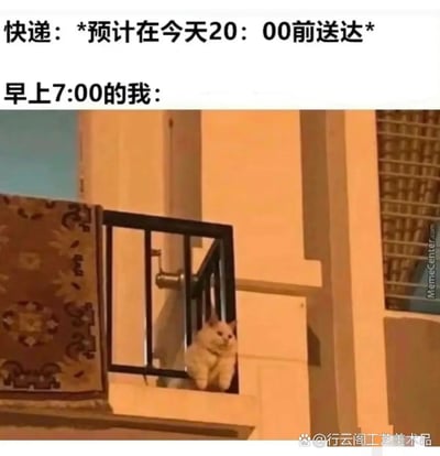这是一张图文结合的搞笑梗图，上方文字标注“快递：*预计在今天20：00前送达* 早上7:00的我：”，下方搭配一只扒在栏杆上、探着脑袋眼巴巴向外张望的猫咪图片，生动又幽默地还原了人们在得知快递送达时间后，从一大早开始就急切等待快递的状态，精准戳中了很多人等待快递时的迫切又焦灼的心情。