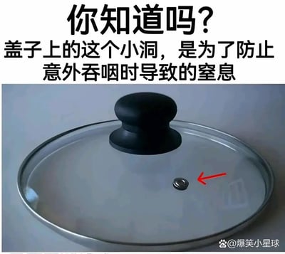 这是一张带有恶搞文字的日常物品实拍图，图中上方配有文字“你知道吗？盖子上的这个小洞，是为了防止意外吞咽时导致的窒息”，下方展示了一个带有黑色把手的玻璃锅盖，红色箭头明确指向锅盖上的金属排气小洞。实际上该小洞的真实功能是平衡锅内与外界的气压，排出烹饪时产生的热气，避免锅内压力过高顶起锅盖或发生危险，图中的文字是对其功能的荒诞恶搞，利用“不可能发生的吞咽锅盖”这一离谱假设制造幽默效果，属于轻松搞笑的生活类内容。
