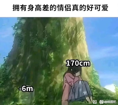 这是一张基于动画《进击的巨人》场景二次创作的搞笑梗图，属于文字加注的P图改编作品。图片顶部配有文字“拥有身高差的情侣真的好可爱”，画面中是动画角色三笠·阿克曼，她的身高被标注为170cm，她身旁的墓碑被标注为-6m，这里的-6m暗指被埋葬在地下的艾伦，用这种夸张到离谱的“身高差”来呼应顶部的配文，将原本悲伤的角色悼念场景，用网络流行的“身高差情侣”梗进行解构，制造出反差感十足的搞笑效果，既贴合原动漫的剧情，又用玩梗的方式消解了场景的悲伤氛围。