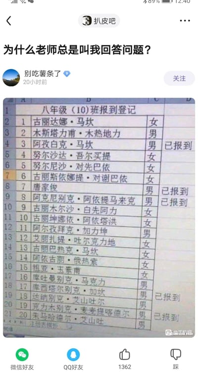 这是百度贴吧扒皮吧用户“别吃薯条了”发布的内容，用户提出疑问“为什么老师总是叫我回答问题？”，并附上八年级（10）班的报到登记表。表格内大部分学生为少数民族，名字较长且结构特殊，只有唐家俊的名字是简短的汉族姓名，在表格中格外突出。其被老师频繁点名的原因正是他的名字简洁易读，相较于其他长名字更容易被老师选中提问，属于校园场景下的搞笑日常内容。