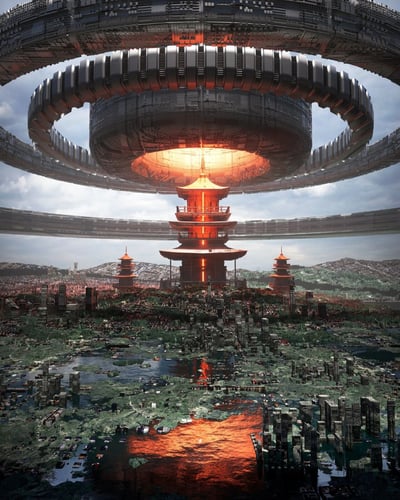 画面展现了一个融合未来科技与东方传统建筑的震撼场景。中央是一座巨大的多层宝塔，塔顶向上延伸出一道明亮的橙色光柱，连接着上方悬浮的巨型金属环结构。金属环呈同心圆状，层次分明，表面布满机械细节，散发着冷硬的科技感。宝塔两侧各有一座较小的类似塔楼，对称分布。地面下方是一片水域与植被交织的区域，隐约可见城市废墟或低建筑群，整体色调以蓝灰、橙红为主，营造出神秘而壮丽的氛围。