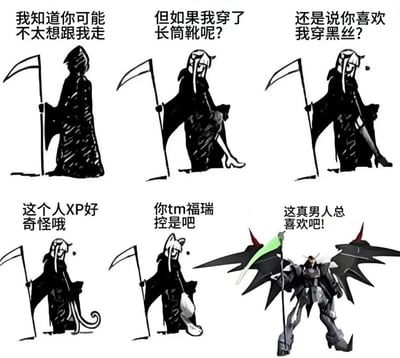 这是一组六格连环搞笑梗图，核心围绕拟人化死神展开：<br>1. 初始死神以经典黑袍持镰形象出现，表示知道对方不想跟自己走；<br>2. 露出长筒靴，试图迎合对方喜好；<br>3. 展示黑丝，进一步投其所好；<br>4. 看到对方不为所动，吐槽对方XP奇怪；<br>5. 变身猫耳福瑞形象，骂对方是福瑞控；<br>6. 最终变身机甲战士，自信认为这是真男人的喜好。<br>梗图通过死神的反差形象变换，调侃网络上对各类小众喜好（XP）的讨论，最后机甲的转折打破常规投其所好的逻辑，制造荒诞搞笑的效果。