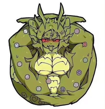 这是一张描绘绿色龙形人型生物的插画。生物整体呈绿色，拥有类似人类的上半身结构，肌肉发达，胸部和腹部有浅色鳞片。头部生有多个尖角，双眼为红色，眼神凶猛威严。身体各处（肩膀、手臂、躯干）点缀着不同颜色（紫、灰、红等）的宝石状装饰物。整体风格偏向奇幻卡通，线条简洁有力，突出生物的威严与力量感。