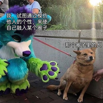这是一张搞笑梗图，画面左侧是穿着蓝绿配色兽装的人，刻意模仿被牵引的狗狗的姿态，对应配文“我，试图通过模仿他人的个性，来使自己融入某个圈子”；画面右侧是被牵引绳拴着的真实土黄色狗狗，它一脸疑惑又无奈地看向一侧，对应配文“那个圈子里的人”。图中用夸张的角色对比和拟人化的配文，生动地表现出人们在社交中试图强行融入不属于自己的圈子时的尴尬，以及圈子内成员对这种刻意模仿的困惑，精准戳中了社交场景里这类窘迫的情绪。