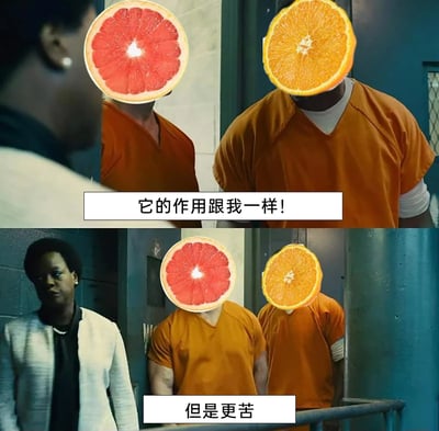 这是一张基于美剧监狱场景截图进行P图改编的搞笑梗图，创作者将两名囚犯的头部分别替换为西柚切片和橙子切片。上半部分橙子头的角色配文“它的作用跟我一样！”，下半部分补充配文“但是更苦”，以拟人化的对话形式，调侃西柚与橙子在补充维生素C等营养作用上相似，但西柚的口感比橙子更加苦涩的特点，用幽默的方式呈现两种水果的特性差异。