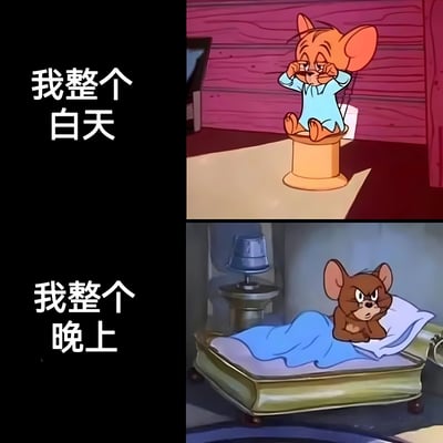 这是一张由《猫和老鼠》动画截图制作的上下对比梗图。上图中杰瑞穿着蓝色衣服坐在线轴上，双手揉着疲惫的眼睛，配文“我整个白天”；下图中杰瑞躺在床上盖着蓝色被子，瞪大双眼毫无睡意，配文“我整个晚上”。通过杰瑞白天疲惫晚上精神的反差状态，幽默地表现了现代人作息颠倒、白天困倦晚上失眠的生活状态。