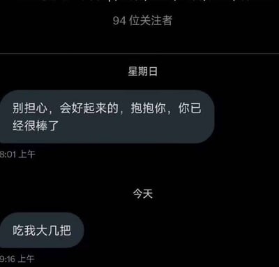 这是一张聊天界面的截图，背景为黑色。顶部显示有“94位关注者”，日期标注为“星期日”。包含两条消息记录：一条是上午8:01发送的安慰内容“别担心，会好起来的，抱抱你，你已经很棒了”，另一条是当天上午9:16发送的粗俗文字“吃我大几把”，两条消息在语气和内容上形成强烈反差。
