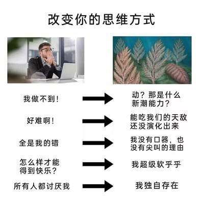 这是一张左右对比形式的搞笑解压梗图，顶部大标题为“改变你的思维方式”。左侧上方是一张真人实拍图，展示了一位坐在办公桌笔记本电脑前的职场男士，他双手捂着脸，呈现出沮丧焦虑的状态；左侧下方依次列出了人们陷入负面情绪时常见的自我对话：“我做不到！”“好难啊！”“全是我的错”“怎么样才能得到快乐？”“所有人都讨厌我”。右侧上方配图为带有蕨类植物和一只埋在土中的蛞蝓（鼻涕虫）的植物图；对应左侧的每一句负面表达，右侧依次给出了蛞蝓视角的回答，分别是“动？那是什么新潮能力？”“能吃我们的天敌还没演化出来”“我没有口器，也没有尖叫的理由”“我超级软乎乎”“我独自存在”，通过将人类的负面情绪用蛞蝓的生物特点进行反差解读，巧妙消解了负面情绪，传递出接纳自我、躺平放松的情绪，达到了搞笑解压的效果。