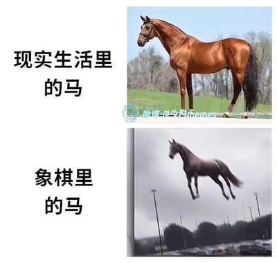 这张梗图通过对比现实中正常站立的马和在象棋规则里“走日字”的马，直观展示了马在象棋中具有“跳跃”能力的搞笑设定。上方是一匹普通真实的马，下方是通过P图把马P成腾空跳跃的样子，形象夸张地表达了象棋里马的特殊走法。

图片有明显的双关、夸张和幽默元素。用现实和规则的对比，调侃象棋的非现实性。