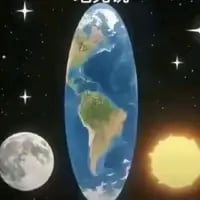 这是一张经过P图改编的合成趣味图像，在深邃的星空背景下，原本接近正球形的地球被修改为细长的椭圆形，同时搭配了正常形态的月球与太阳，构建出违背现实天文常识的荒诞宇宙场景，图中顶部带有文字“地壳说”，整体画面以猎奇、搞笑的反差感来吸引眼球，没有双关或谐音梗内容。
