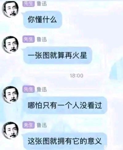这是一张经过P图改编的聊天记录截图，将真实人物鲁迅的头像设置为聊天者，搭配名字“先生 鲁迅”，对话内容为：“你懂什么”“一张图就算再火星”“哪怕只有一个人没看过”“这张图就拥有它的意义”。用严肃的鲁迅形象说出关于梗图传播的接地气观点，形成强烈的反差感，调侃了即使是过时的老图，只要还有人没看过，就有传播的价值。