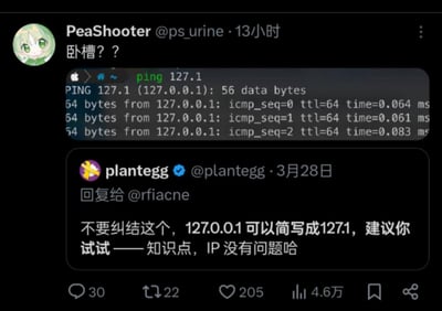 这是一张由两条推特（X平台）动态拼接而成的内容图：上方是用户PeaShooter发布的动态，配文“卧槽？？”，并附上执行`ping 127.1`命令的终端截图，结果显示成功ping通了本地回环地址127.0.0.1；下方是认证用户plantegg在3月28日发布的科普回复，明确说明127.0.0.1可以简写成127.1，属于有效的IP地址写法。该图展示了一个少有人知的网络技术冷知识，让不少网友感到新奇。