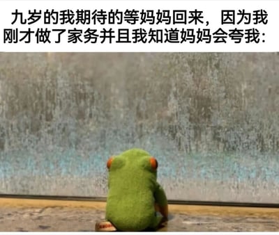 图片上方有文字：'九岁的我期待的等妈妈回来，因为我刚才做了家务并且我知道妈妈会夸我:'，下方是一只绿色青蛙玩偶背对着镜头坐在地上，面向一面墙，表现出期待被表扬的样子。通过青蛙玩偶的形象和文字结合，幽默地表现了孩子做完家务后期待家长表扬的心情。