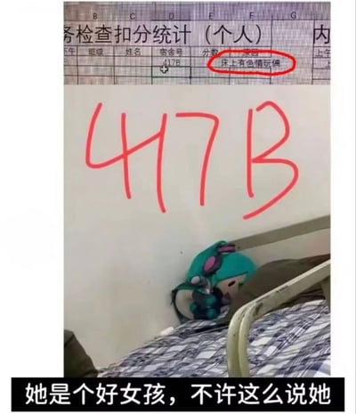 整张图为上下拼接的搞笑梗图，上半部分截取了宿舍内务检查个人扣分统计表格的片段，其中宿舍号为417B的条目扣分原因“床上有色情玩偶”被红圈重点标出；下半部分为417B宿舍的实景拍摄，墙面用红笔手写了宿舍号“417B”，宿舍床头靠墙放着一个初音未来的毛绒公仔，图片底部配有黑底白字的文字“她是个好女孩，不许这么说她”，以戏谑的方式反驳了检查人员对初音玩偶的错误判定，充满二次元爱好者的玩梗趣味。