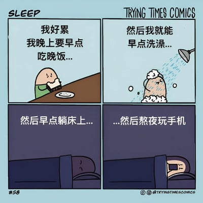 四格漫画描绘了当代年轻人的睡眠计划与现实的反差。第一格中，蛋形头角色疲惫地坐在餐桌前，想着“我好累 我晚上要早点吃晚饭...”；第二格角色在淋浴，泡沫满头，计划“然后我就能早点洗澡...”；第三格角色躺在床上，准备“然后早点躺床上...”；第四格画风变暗，角色却在被窝里熬夜玩手机，配文“...然后熬夜玩手机”。通过前后对比展现了计划早睡却因手机拖延的真实日常，引发共鸣。