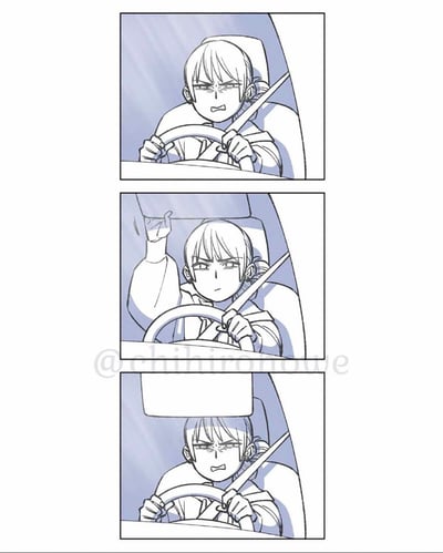 这是一组三格连环卡通漫画，描绘了一位开车女性的日常小场景：第一格中她双手紧握方向盘，眉头紧皱、咬牙切齿，满脸烦躁；第二格她抬起一只手按下头顶的汽车遮阳板，表情转为面无表情，似乎试图通过这个动作舒缓情绪；第三格她放下手重新握好方向盘，表情却又变回了第一格的烦躁状态，生动展现了想缓解烦躁却毫无作用的无奈日常，容易引发有类似经历的人的共鸣。