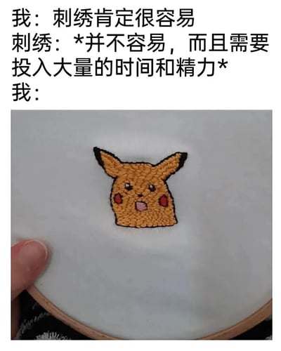 图片上方为三行文字对话，第一行“我：刺绣肯定很容易”，第二行“刺绣：*并不容易，而且需要投入大量的时间和精力*”，第三行“我：”。下方是一张实拍照片，展示了一个刺绣 hoop 中的白色布料，上面绣着一个皮卡丘的头部图案，皮卡丘有着黄色身体、黑色尖耳朵、黑色眼睛、红色脸颊和张开的嘴巴，表情略显简单，幽默地呈现了尝试刺绣前的自信与实际操作难度之间的反差。