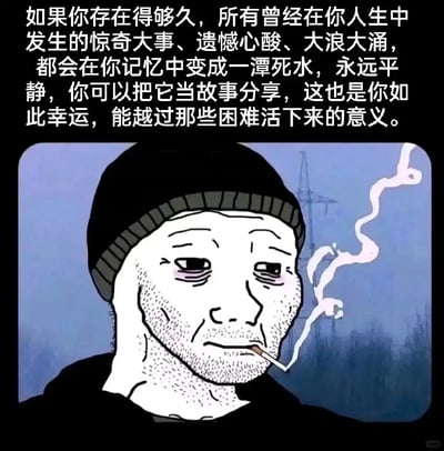 这是一张图文混排的网络创作图，下方是老年版的Wojak卡通形象，他面容沧桑，眼神麻木空洞，单手撑着脸，嘴里叼着正在冒烟的烟，背景是灰暗的户外场景，透着历经世事的疲惫与倦怠；上方配有一段中文人生感悟文字，表达了随着时间流逝，人生中经历的所有惊奇、遗憾与波澜都会归于平静，能越过困难存活下来并将过往当作故事分享就是一种幸运的观点，整体氛围带着沧桑后的释然感。