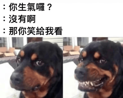 这是一张左右对比的宠物搞笑梗图，上方配有三行对话文字：“你生氣囉？”“沒有啊”“那你笑給我看”。左侧画面中，一只罗威纳犬表情平静略带严肃，眼神直视前方；右侧画面中，同一只狗做出被迫微笑的表情，嘴巴咧开露出牙齿，眼神显得有些尴尬和无奈。图片通过狗狗前后表情的强烈反差，幽默地模仿了人类在被质疑“是否生气”并被要求“笑一个”时的真实反应，展现了被迫营业的尴尬场景，充满生活气息和趣味性。