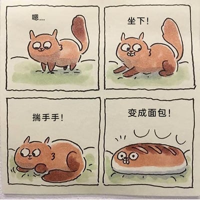 这是一幅充满脑洞的四格连环卡通漫画，以一只橘色猫咪为核心角色展开搞笑情节：第一格中，猫咪站在草地上，露出疑惑的神情并发出“嗯...”的反应；第二格在“坐下！”的指令下，猫咪乖乖做出坐下的动作；第三格在“揣手手！”的指令下，猫咪趴卧在地揣起了前爪；第四格在“变成面包！”的指令下，猫咪真的变身成了带有自己脸的长条面包，画面通过递进的指令和夸张的变身效果，营造出轻松搞笑的氛围，充满创意趣味。