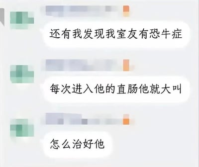 这是一张聊天记录截图，包含三条对话内容，讲述关于室友有恐牛症的笑话。对话内容为："还有我发现我室友有恐牛症"、"每次进入他的直肠他就大叫"、"怎么治好他"。图片左侧有模糊的头像或图标区域。