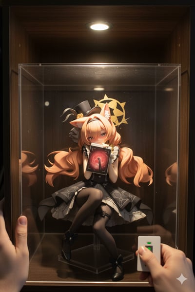 画面呈现了一个精致的收藏场景：透明展示柜中摆放着一款猫耳少女手办，少女拥有暖橙色的蓬松长发，头戴装饰有白色羽毛的黑色小礼帽，身着灰黑配色的复古洋装，搭配黑色过膝袜与带蝴蝶结的小皮鞋，以优雅的坐姿安放在展示台之上。她的双手捧着一个带有红色发光纹路的平板状物品，展示柜顶部的射灯将暖光聚焦在手办上，凸显出细腻的细节。画面下方的两只手，一只轻扶展示柜边缘，另一只握着带有绿色指示灯的遥控器，仿佛正在开启或调试展示柜的相关装置，整体氛围静谧且充满收藏的仪式感，手办的造型、光影都刻画得十分逼真。
