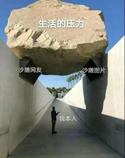 这张图用一块巨大的石头悬在头顶，比喻“生活的压力”，下面站着“我本人”，而石头被两边的小支撑块挡住，分别标注为“沙雕网友”和“沙雕图片”，形象地表达了网友被生活压力压得喘不过气但靠网上沙雕内容缓解心情的现象，非常有共鸣和网络幽默感。

有轻微的双关梗：沙雕既是指“搞笑无厘头”，又在画面上形象化为了承受压力的垫片。
