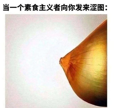 图片上方配有文字“当一个素食主义者向你发来涩图：”，下方是一张特写的金色洋葱照片。通过将素食主义者的“涩图”幽默地替换为具有暗示性形状的蔬菜（洋葱），形成调侃效果，展现网络流行的反差幽默。