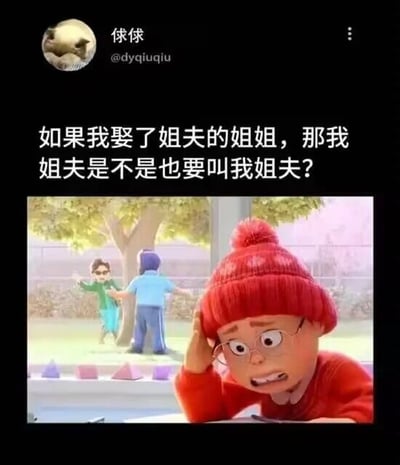 这是一张图文混排的社交媒体截图，顶部是抖音（推测）用户“俅俅”（@dyqiuqiu）发布的一个烧脑亲属关系提问：“如果我娶了姐夫的姐姐，那我姐夫是不是也要叫我姐夫？”，下方搭配了一张国产校园动画《茶啊二中》的截图，图中的角色王强单手扶头，眉头紧皱，表情苦恼纠结，完美呼应了文字内容里的困惑感。这个提问是一个有趣的亲属关系逻辑题：当“我”与姐夫的姐姐结婚后，“我”成为了姐夫的姐夫，而姐夫原本是“我”的姐夫，此时两人的亲属关系形成交叉，从亲属称谓来讲，姐夫确实需要称呼“我”为姐夫，这种循环的亲属关系制造出了搞笑的逻辑趣味。